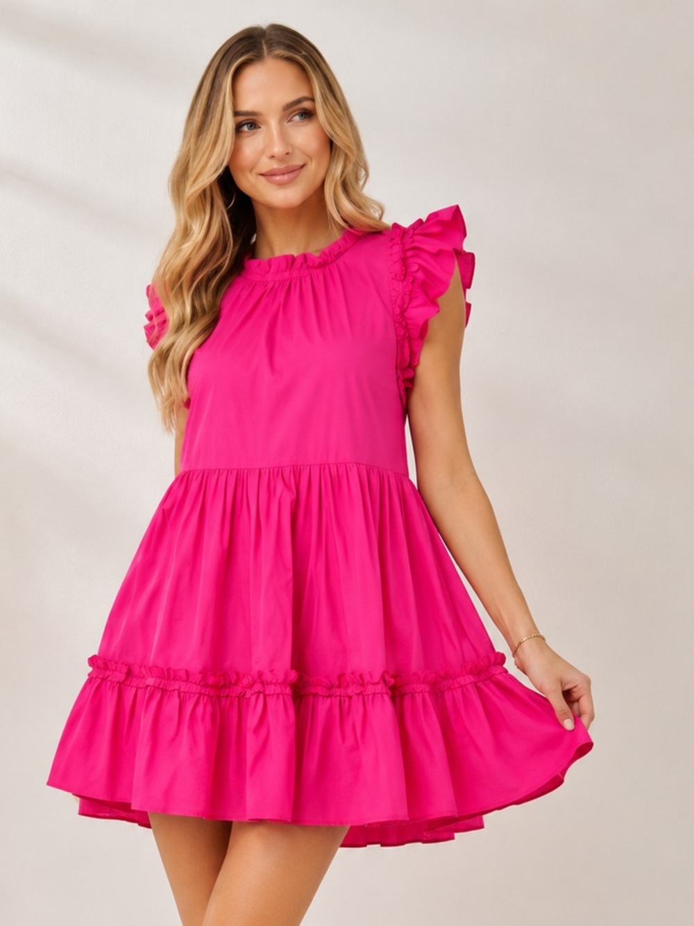 NWT Caroline Constas Hot Pink Ruffle Tiered Mini Dress Cotton Coquette Sz S